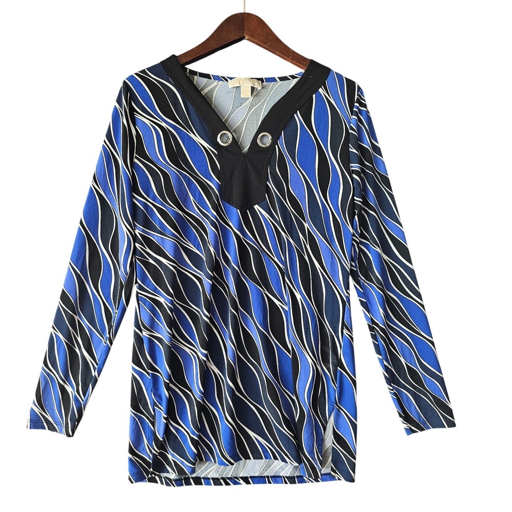 Michael Kors Blue Black White Print V Neck Long Sleeve Tunic Top Women Size M
